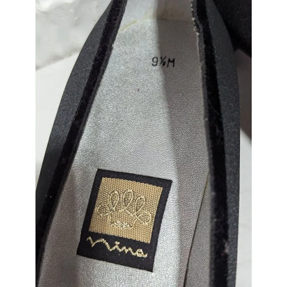 Nina Women's 9.5M Black Luster Satin Velvet Rosie Pump Heels Size 9.5M New In Bo